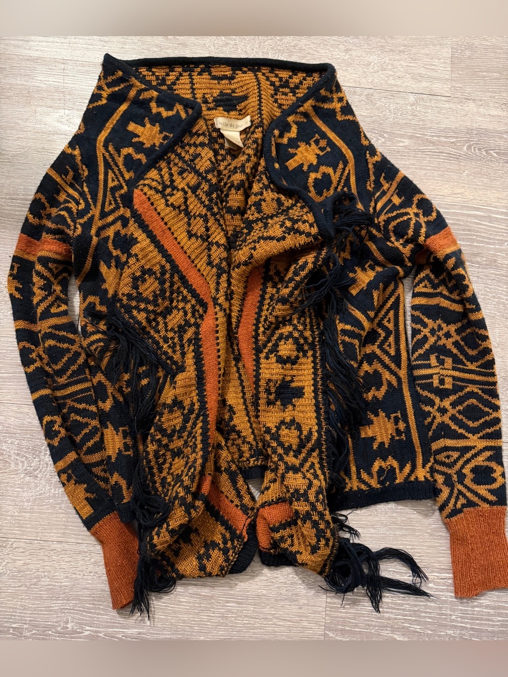 Belle Du Jour Boho Aztec Fringe Draped Cardigan Sweater XS